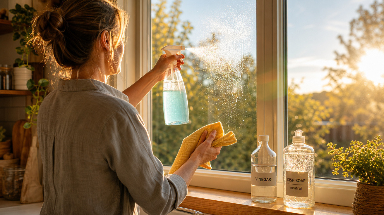 Mulher limpando janela com spray e pano amarelo em cozinha iluminada pelo sol da manhã.