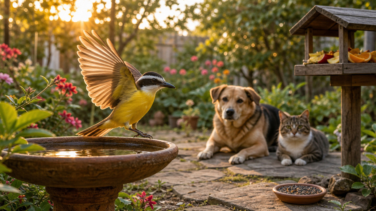 Pássaro pousado em bebidaira, com cachorro e gato observando em jardim ao pôr do sol.
