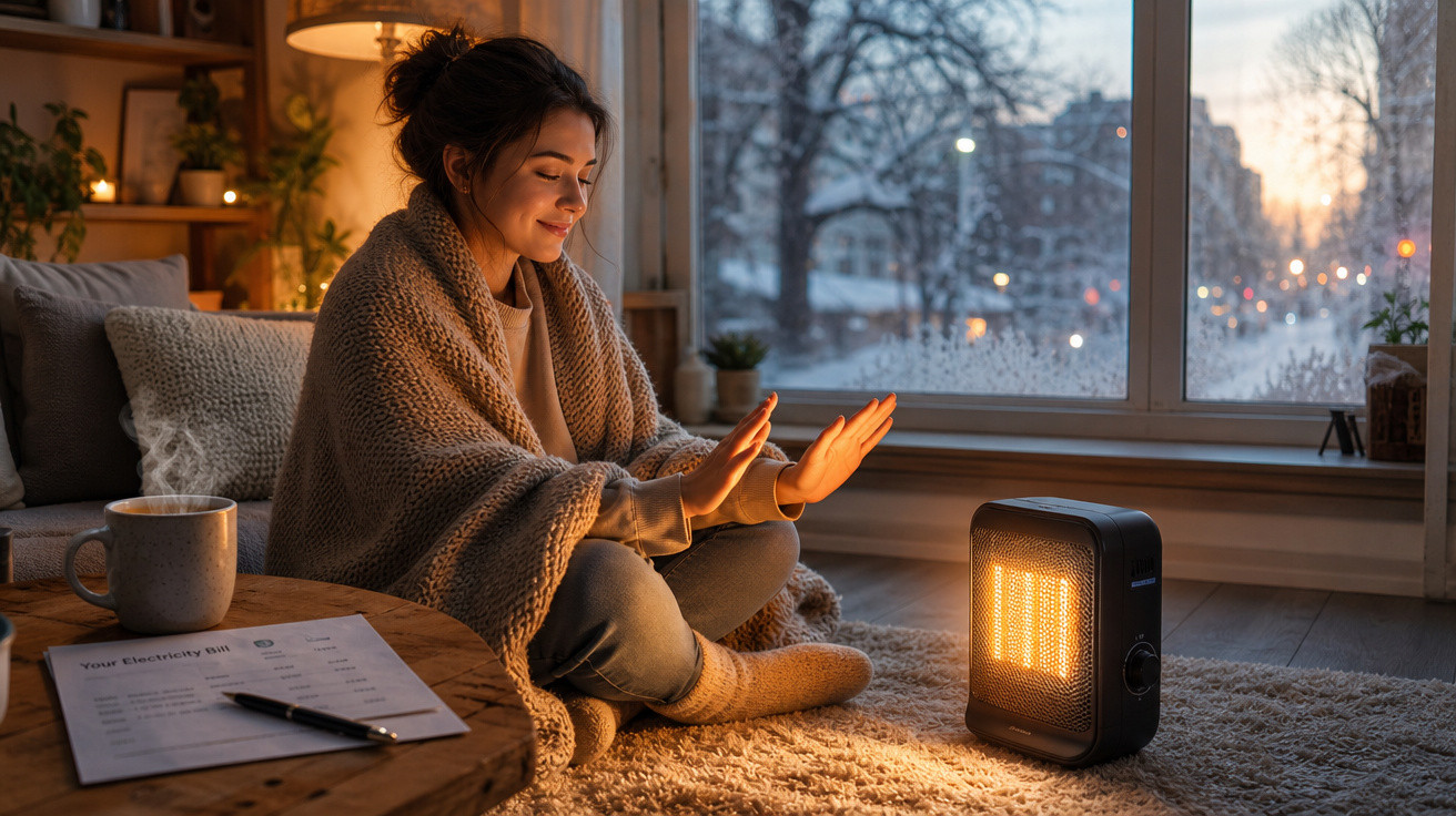Mulher com xale se aquece diante de aquecedor portátil enquanto está sentada no chão de casa no inverno.
