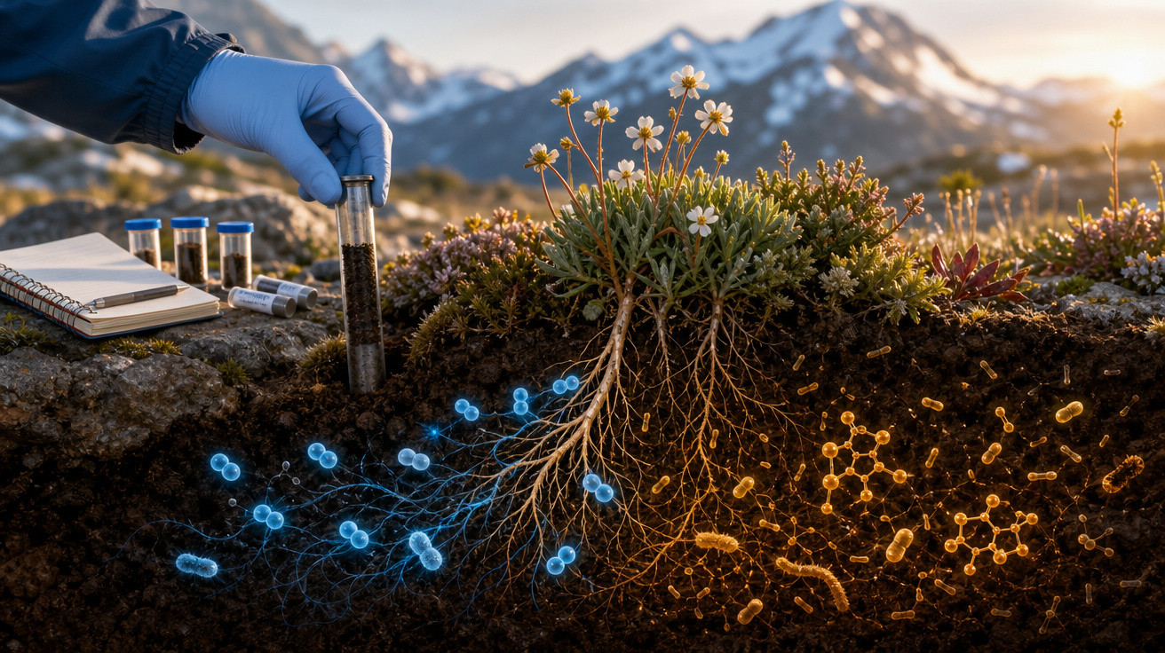 Mão com luva coleta amostra do solo com plantas e raízes, destacando microrganismos em ambiente montanhoso.