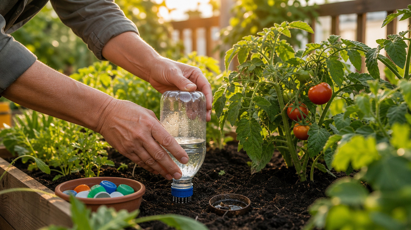 Mãos regando planta de tomate com garrafa PET reutilizada em horta urbana ao ar livre.