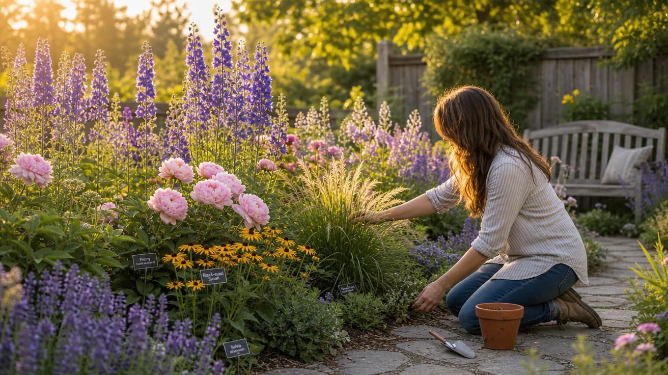 Mulher cuidando de jardim florido ao entardecer com flores coloridas e banco ao fundo.