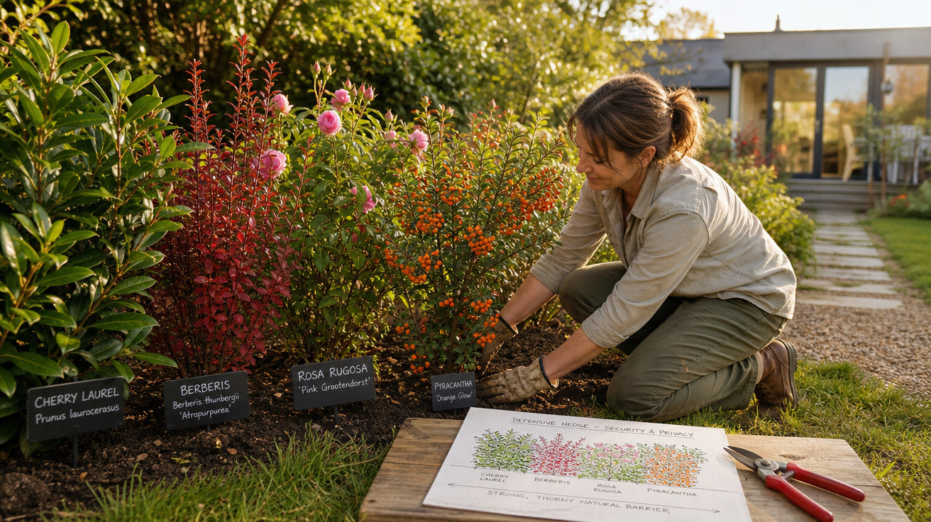 Mulher cuidando de plantas em jardim com plaquetas identificando espécies botânicas.