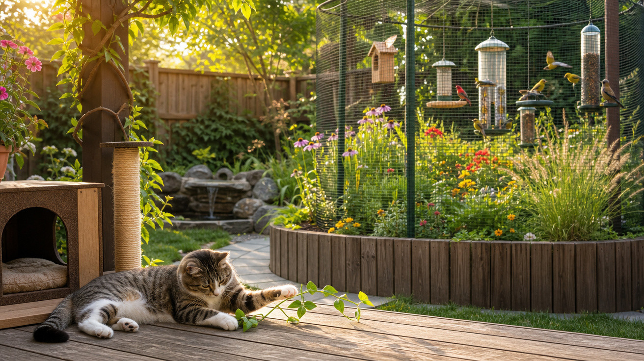 Gato brincando no jardim perto de casinha e comedouros de pássaros em tarde ensolarada.