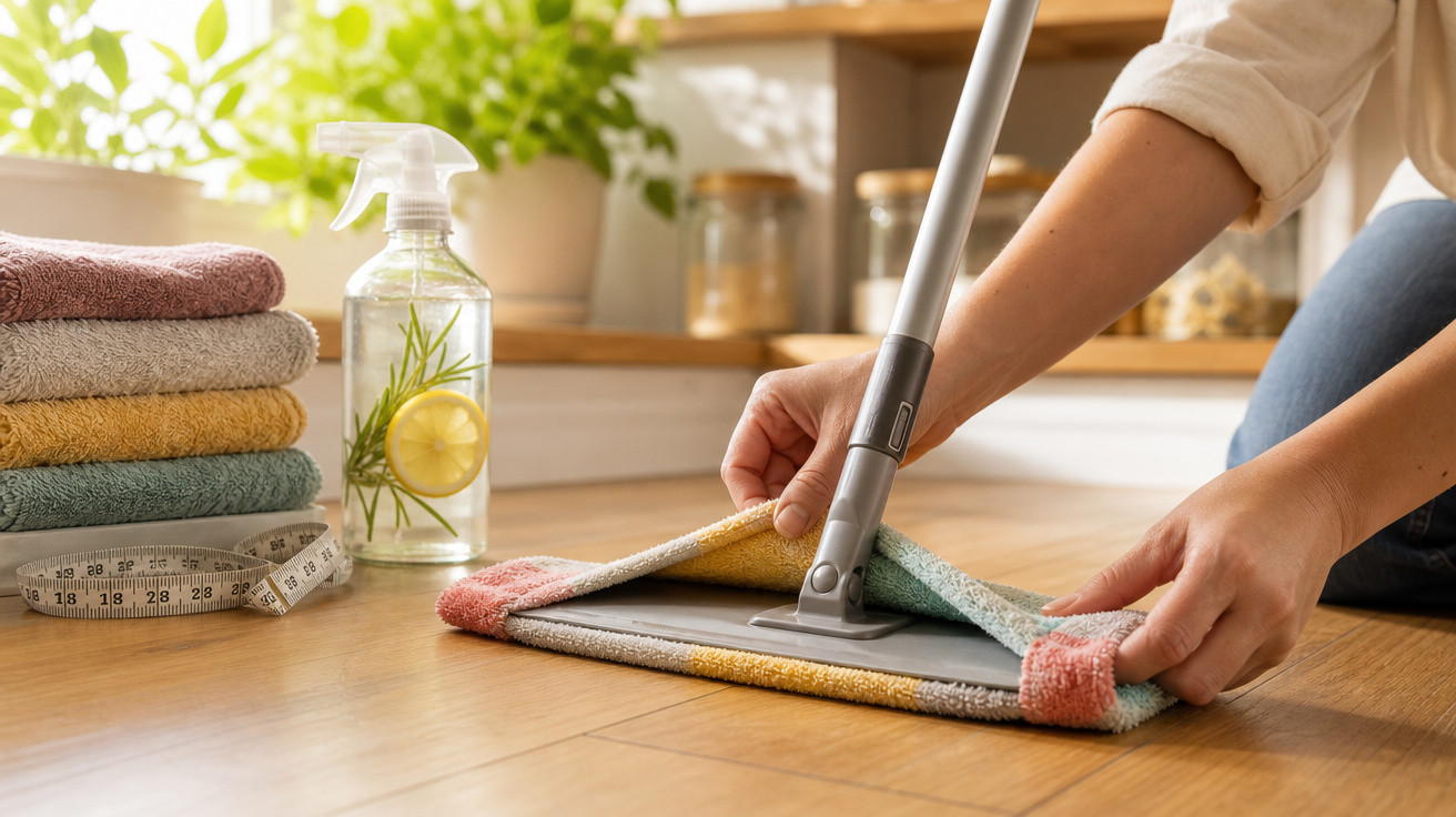 Pessoa ajustando a mop para limpar chão de madeira próximo a toalhas empilhadas e frasco de spray.