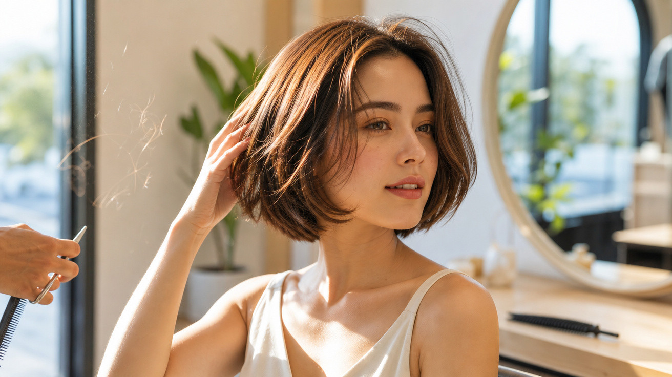 Mulher com cabelo curto castanho escuro em salão de beleza, olhando para o lado enquanto toca o cabelo.