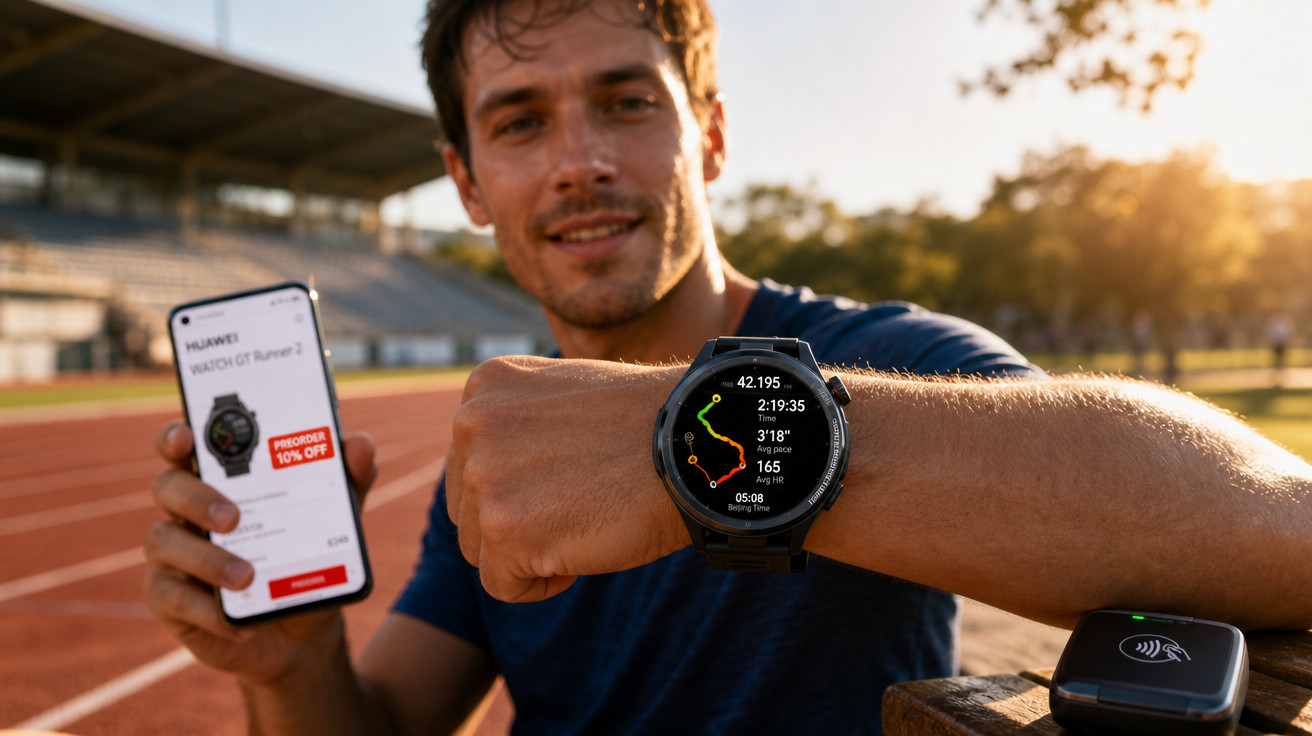 Homem em uma pista de corrida mostrando smartwatch com dados de corrida e telefone com promoção do relógio.