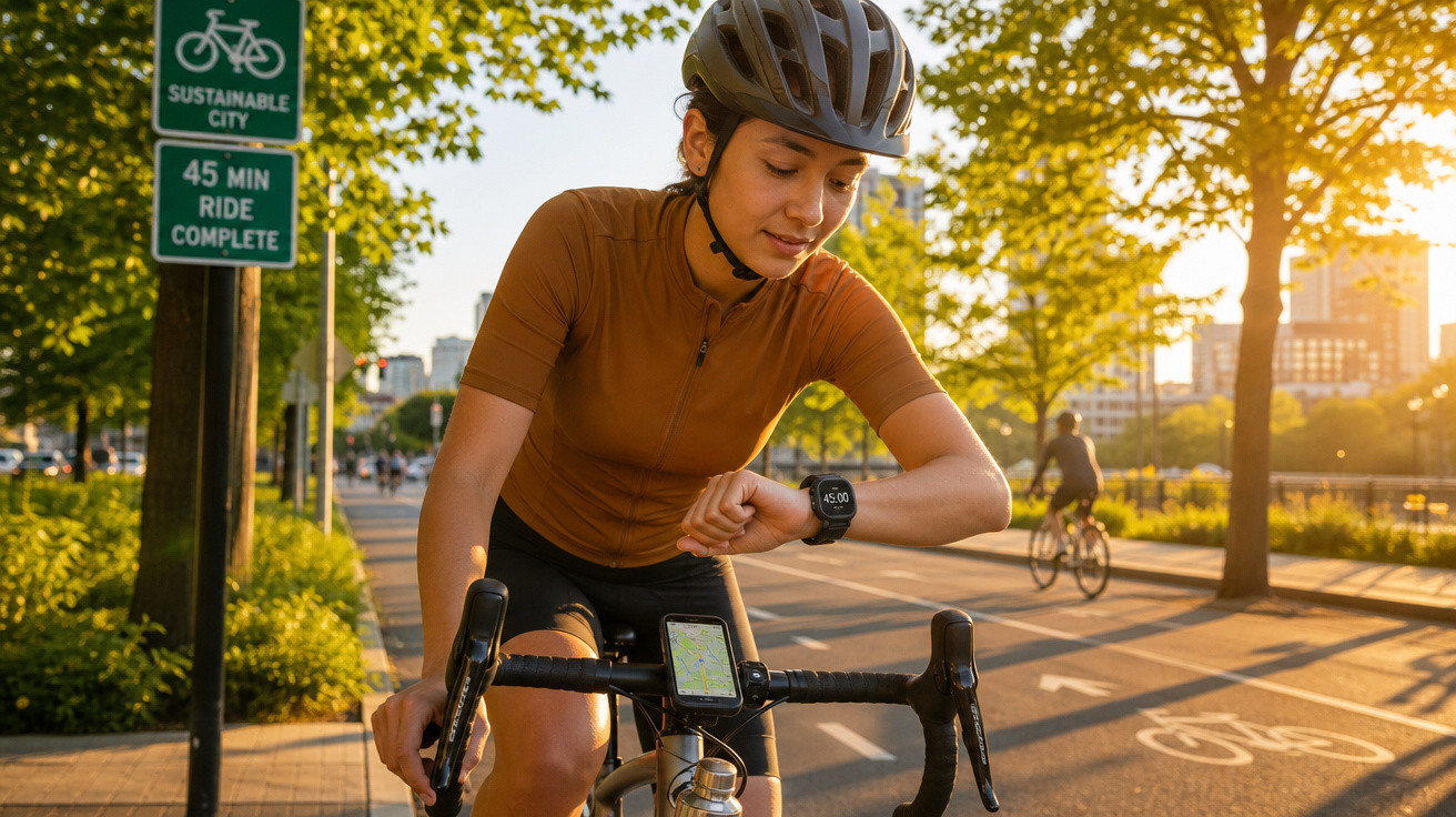 Mulher de capacete para bicicleta verificando relógio após pedalada de 45 minutos em ciclovia urbana.