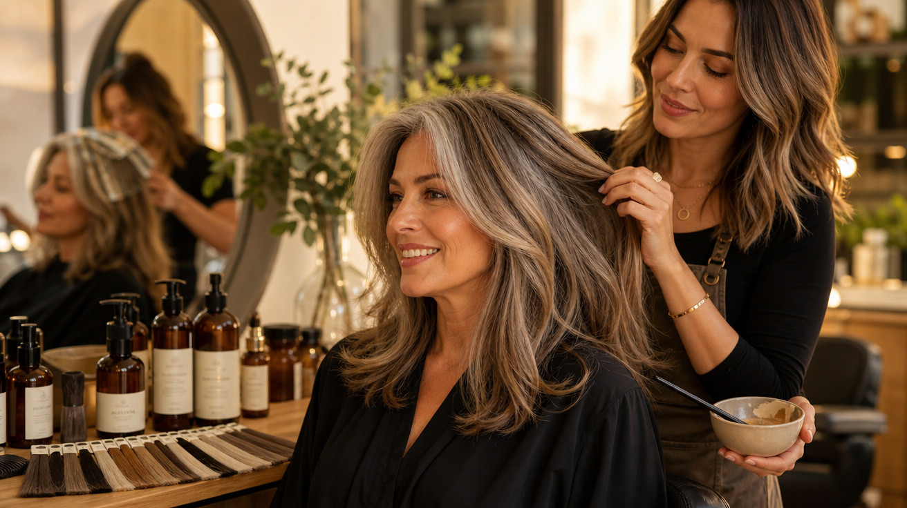Mulher sorridente recebendo tratamento capilar de cabeleireira em salão moderno com produtos ao fundo.
