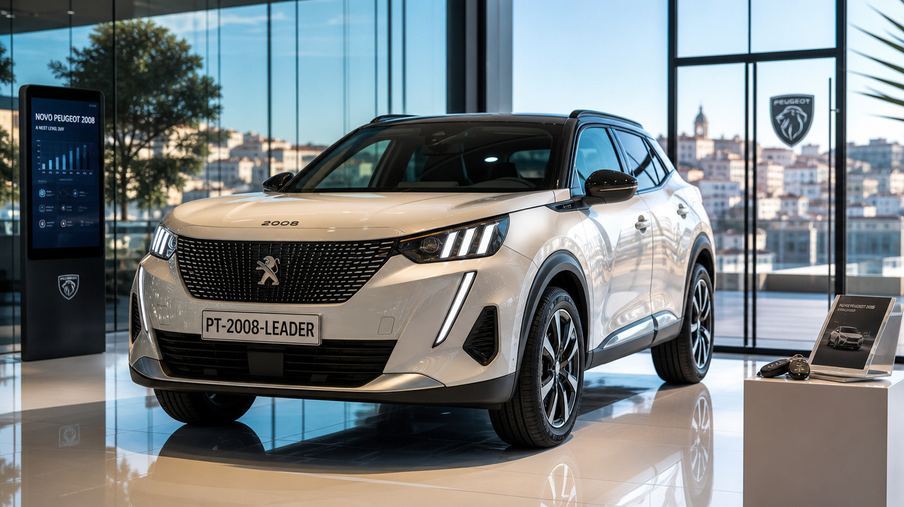 SUV Peugeot 2008 branco em exposição moderna com grande janela e vista urbana ao fundo.