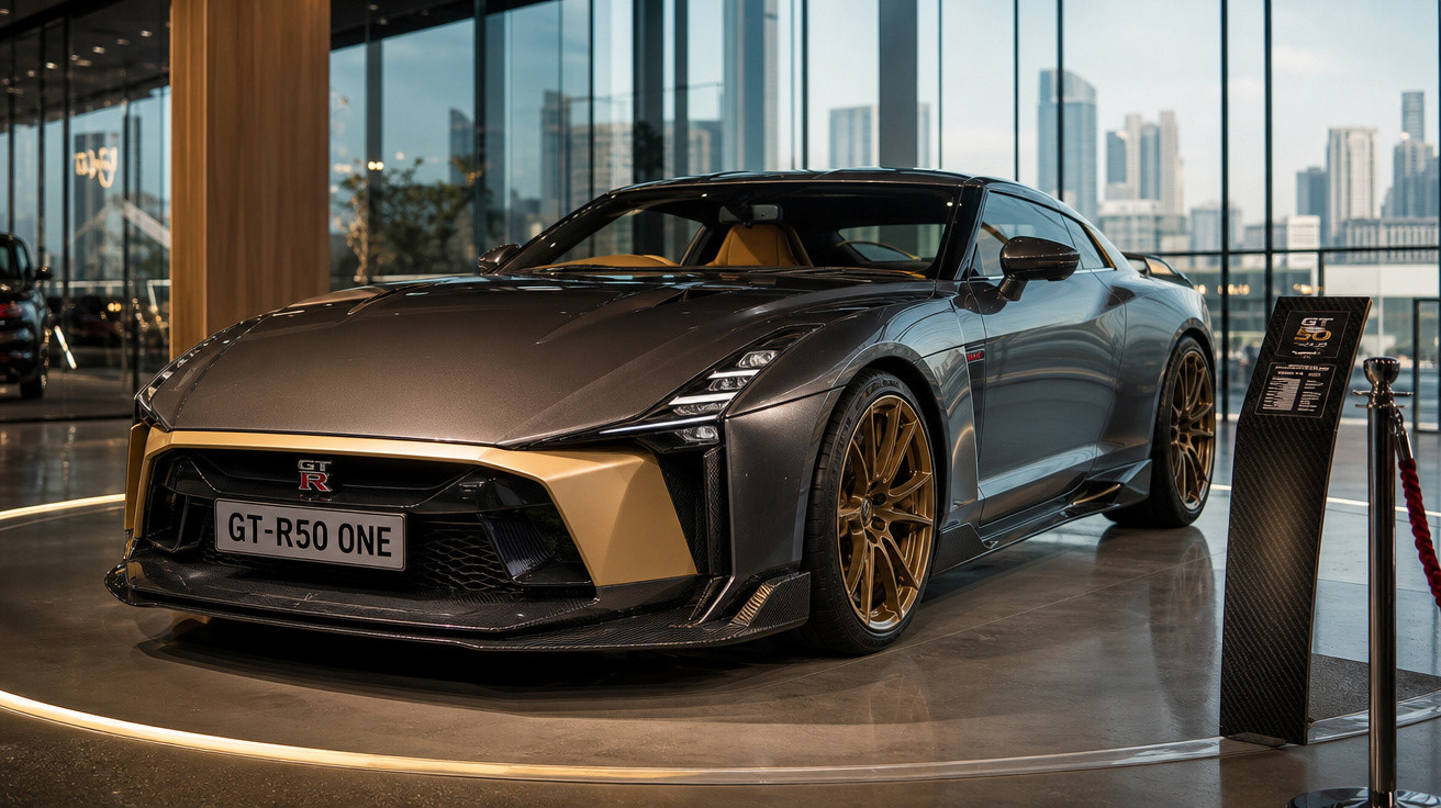 Carro esportivo GT-R cinza com detalhes dourados exposto em showroom moderno com vista para prédios altos.