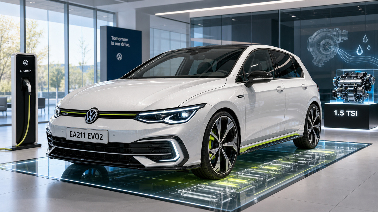 Carro branco elétrico VW eHybrid exibido em showroom moderno com detalhes em verde neon.