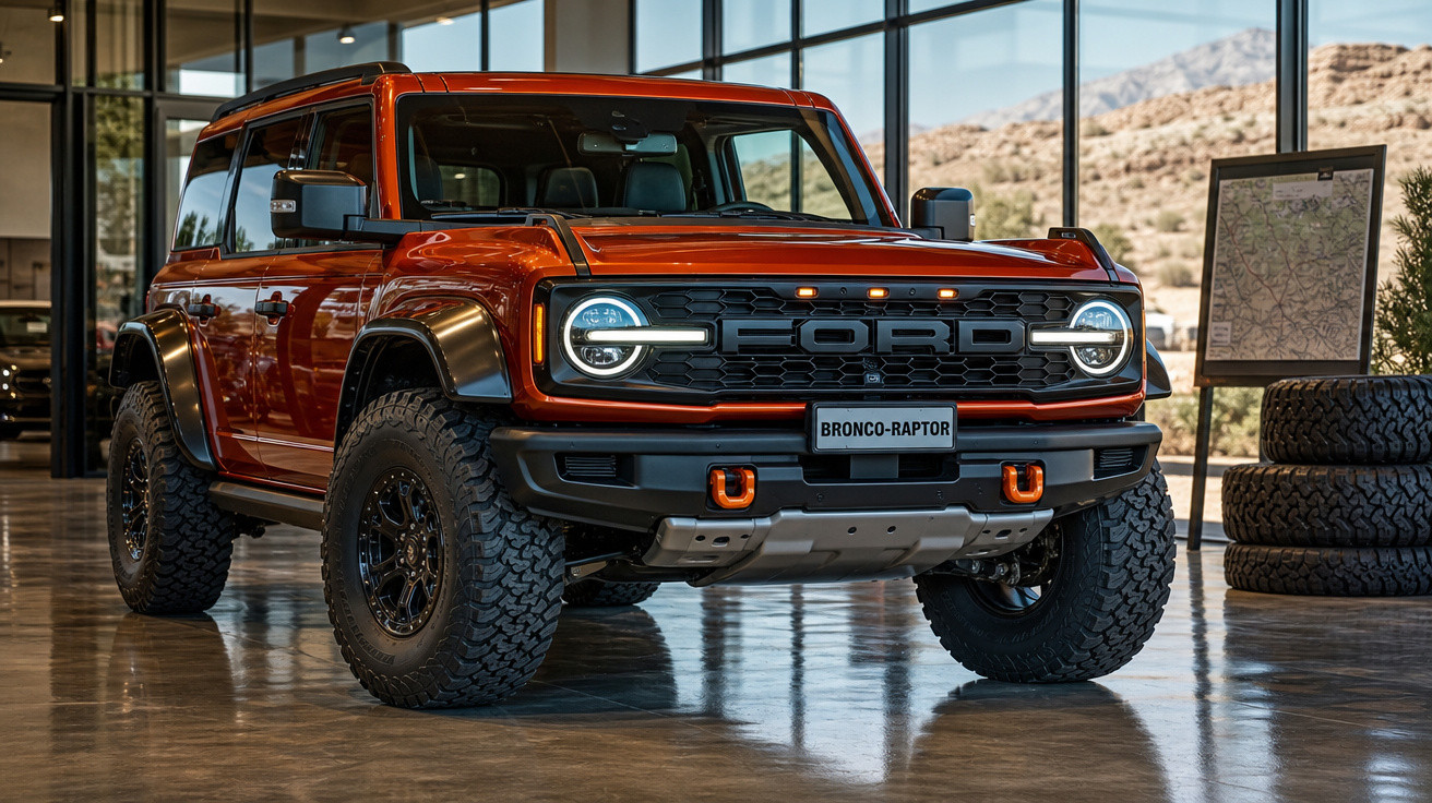 SUV Ford Bronco Raptor laranja com pneus off-road em exposição em showroom moderno.
