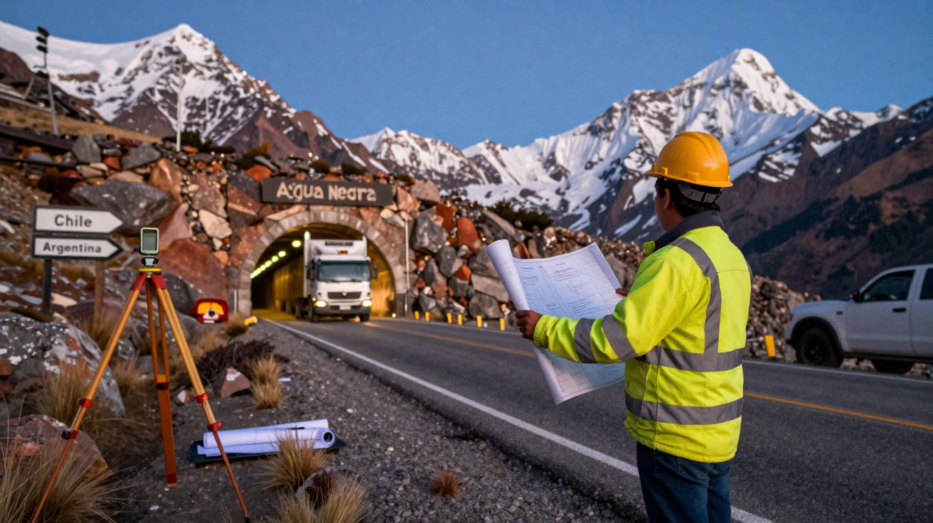Engenheiro com capacete e colete refletivo revisa planta junto a túnel Água Negra entre Chile e Argentina.