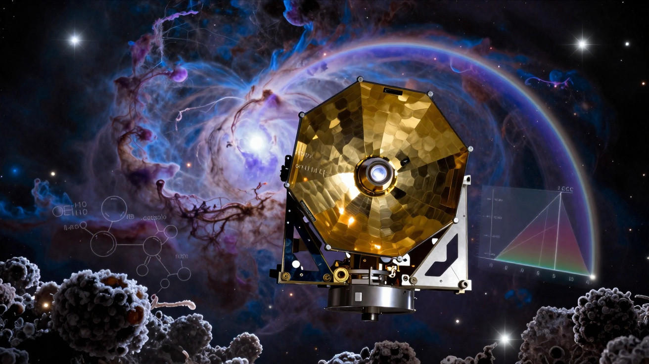 Telescópio espacial dourado flutuando no espaço, com nebulosa colorida e gráficos científicos ao fundo.