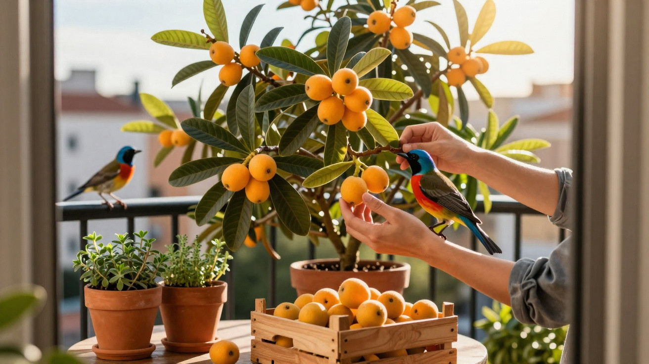 Pessoa colhendo frutas amarelas de uma planta em vaso, com pássaros coloridos e caixa de frutas na mesa.