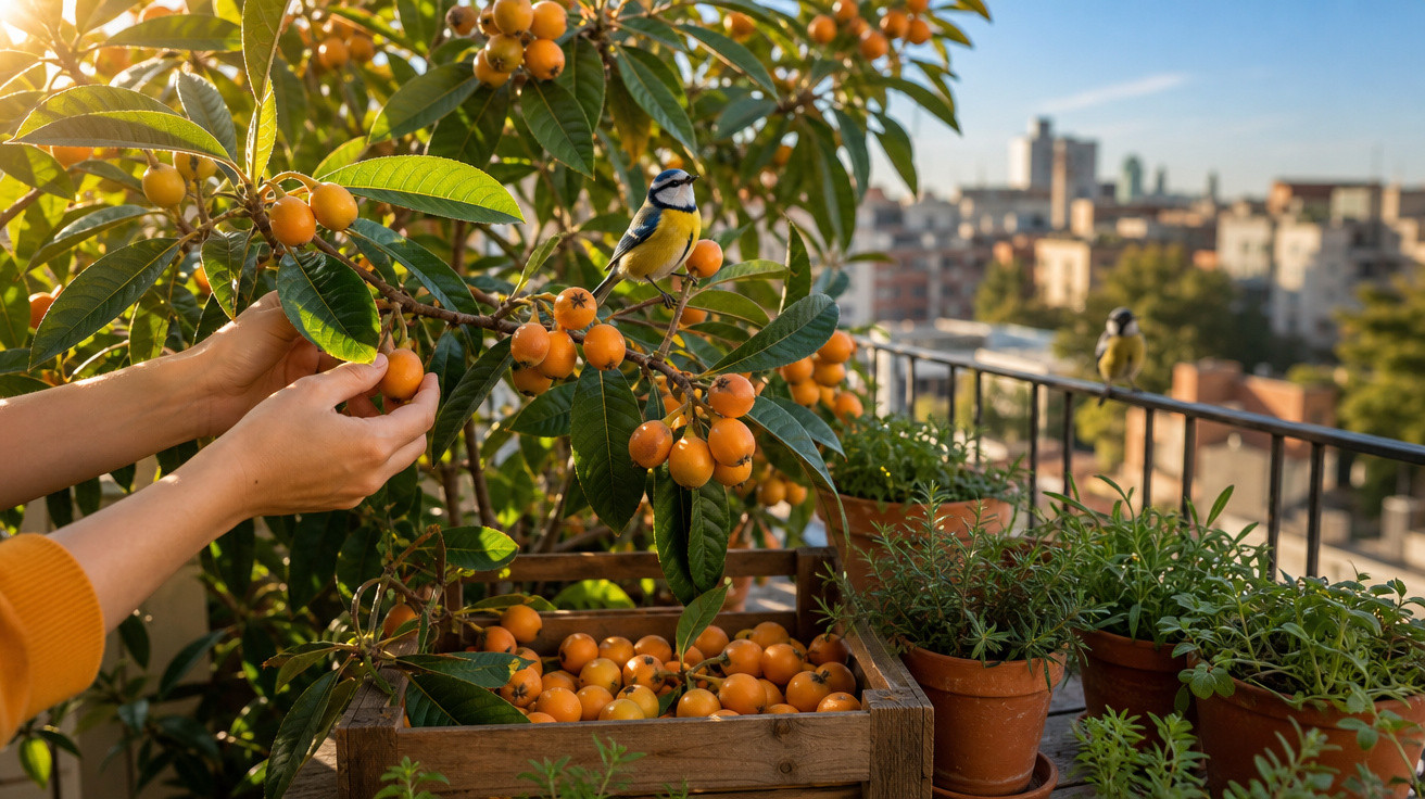 Pessoa colhendo frutos laranja em uma planta com pássaros e vista urbana ao fundo em varal de apartamento.