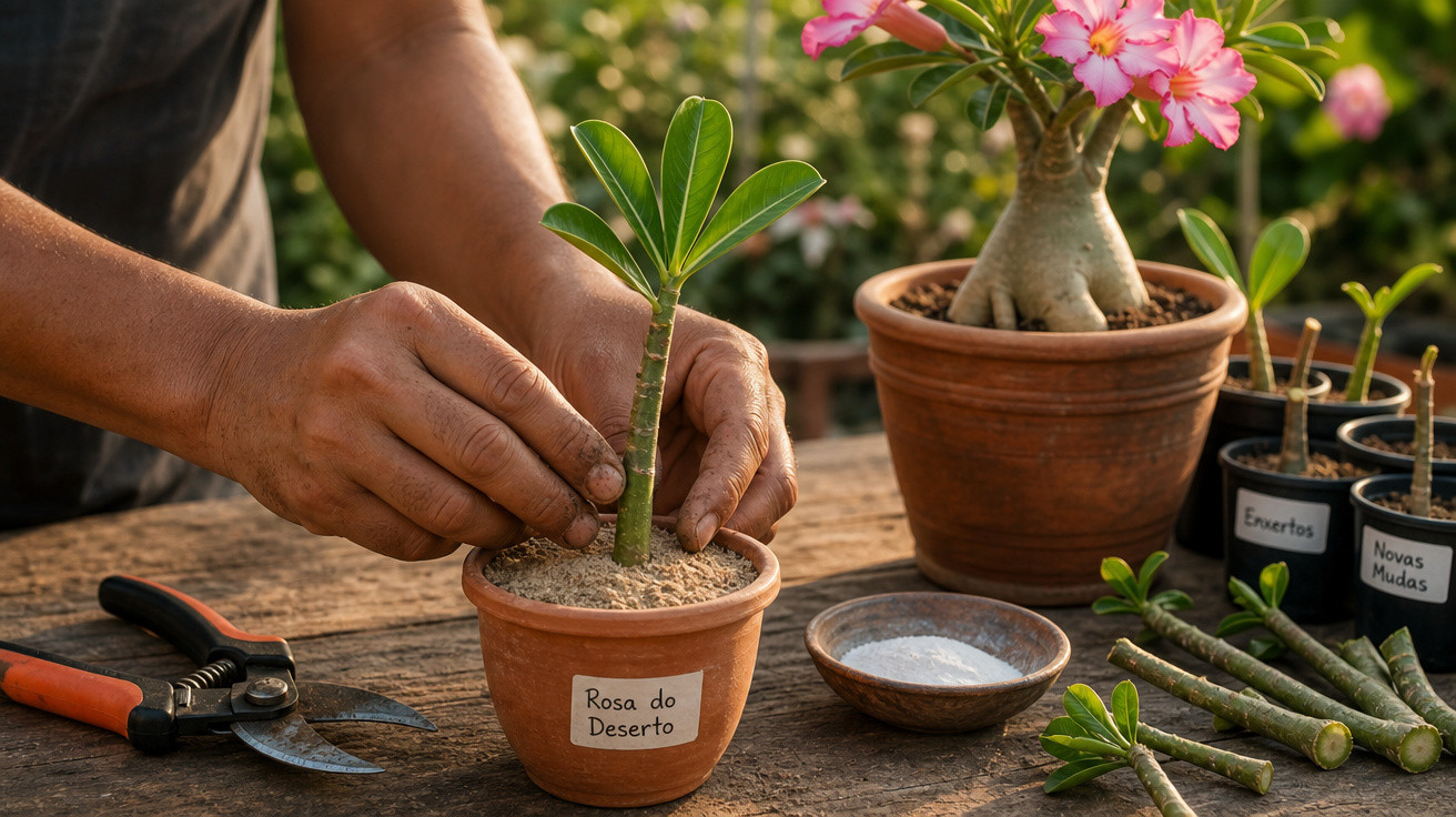 Mãos plantando muda de Rosa do Deserto em vaso de barro, com tesoura e outras plantas ao redor.