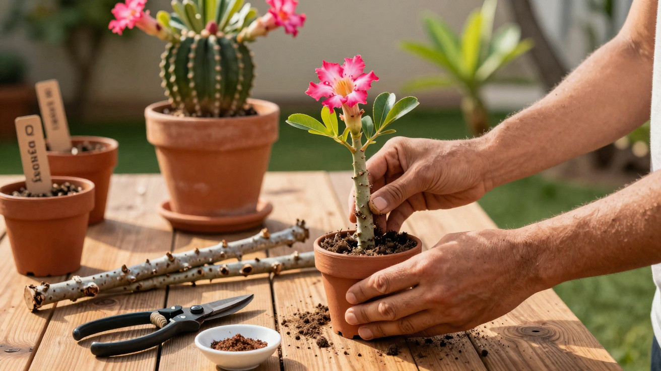 Mãos cuidadosas transplantam rosa do deserto em vaso de barro em mesa de madeira ao ar livre.