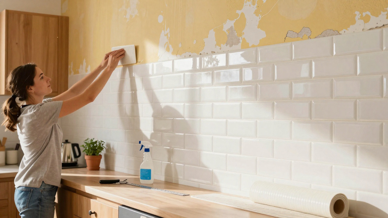 Mulher instalando azulejos brancos na parede de cozinha com detalhes amarelos descascados no topo.