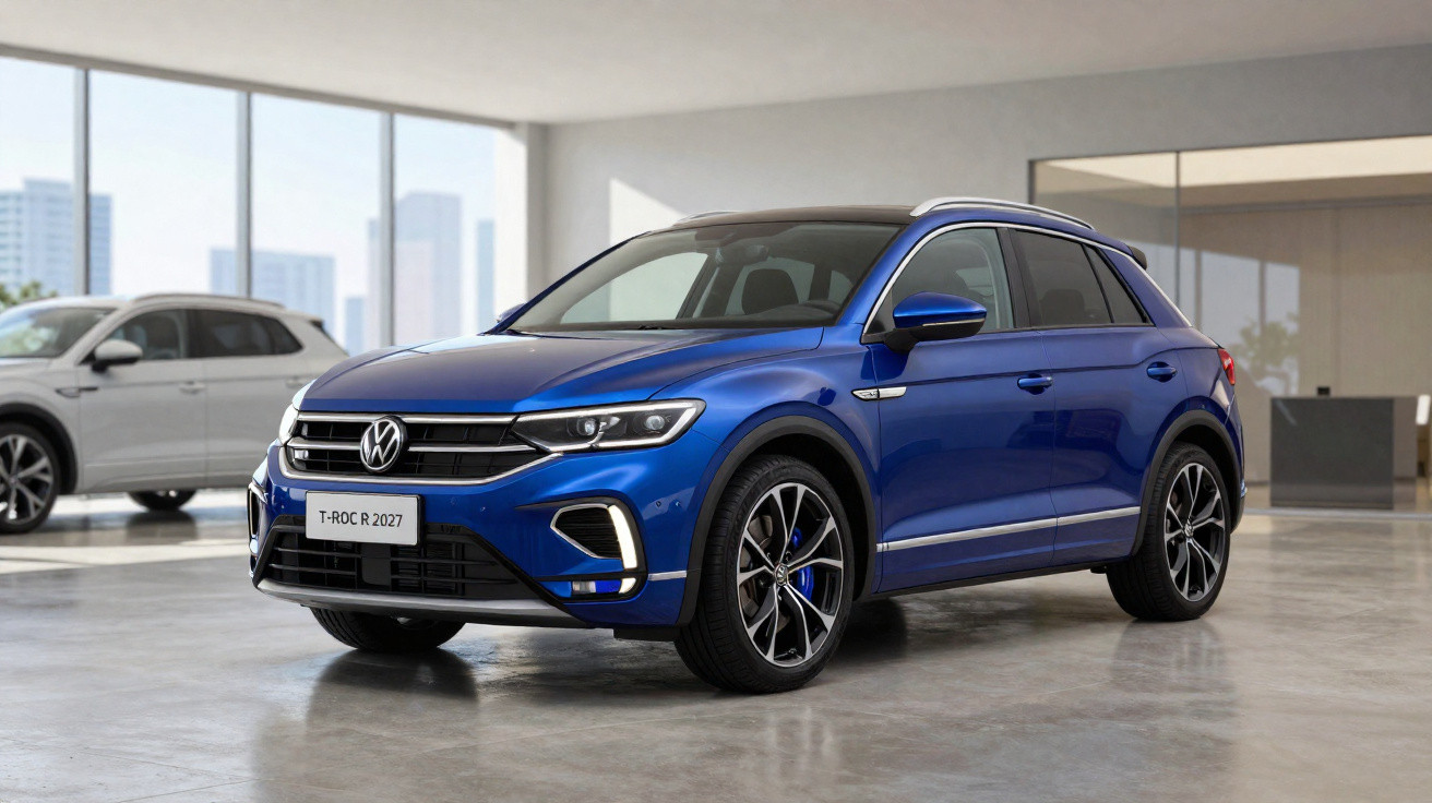 SUV Volkswagen T-Roc R 2027 azul em espaço interno moderno com piso cinza e paredes claras.