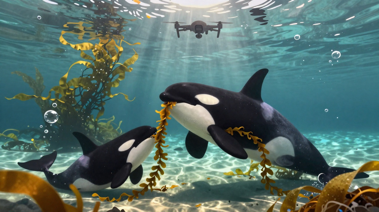 Orcas juvenis brincam com algas no fundo do mar, enquanto um drone subaquático as observa acima.