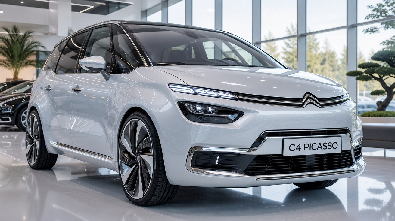 Carro branco Citroën C4 Picasso em exposição dentro de showroom moderno com piso branco.