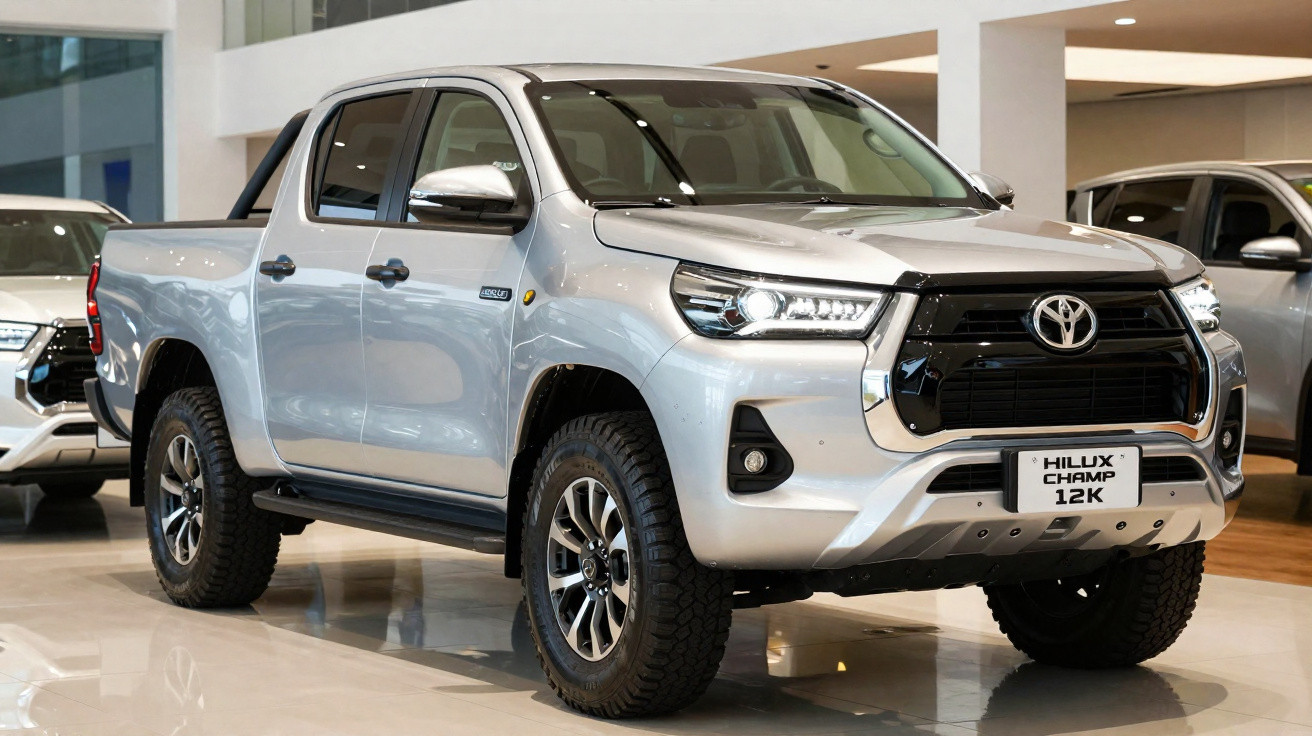 Picape prata Toyota Hilux Champ 12K exibida em showroom moderno, vista frontal e lateral direita.