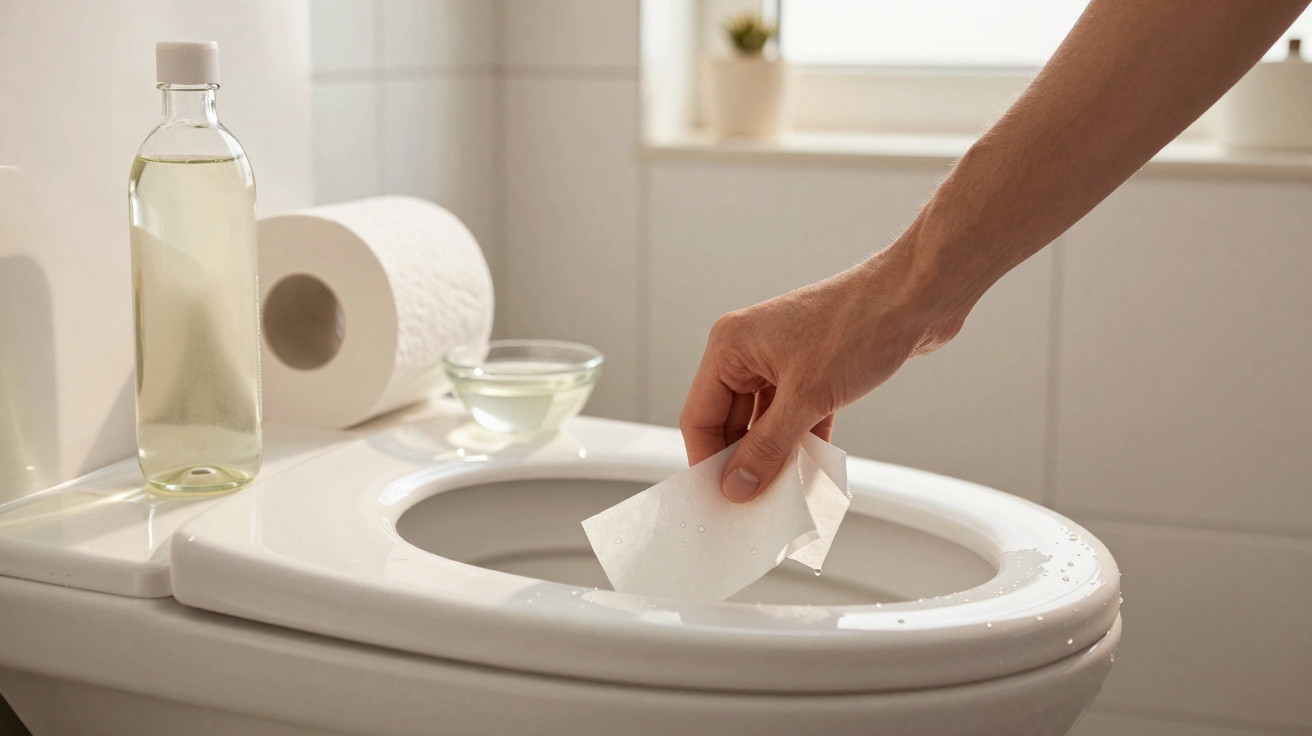 Mão descartando papel higiênico molhado dentro da privada em banheiro claro com itens de limpeza ao lado.
