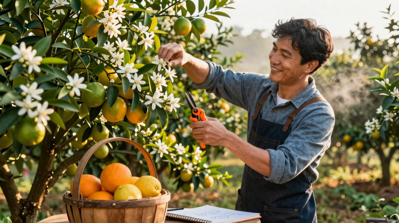 Homem colhendo flores de laranja em pomar com cesta de frutas e caderno na mesa.