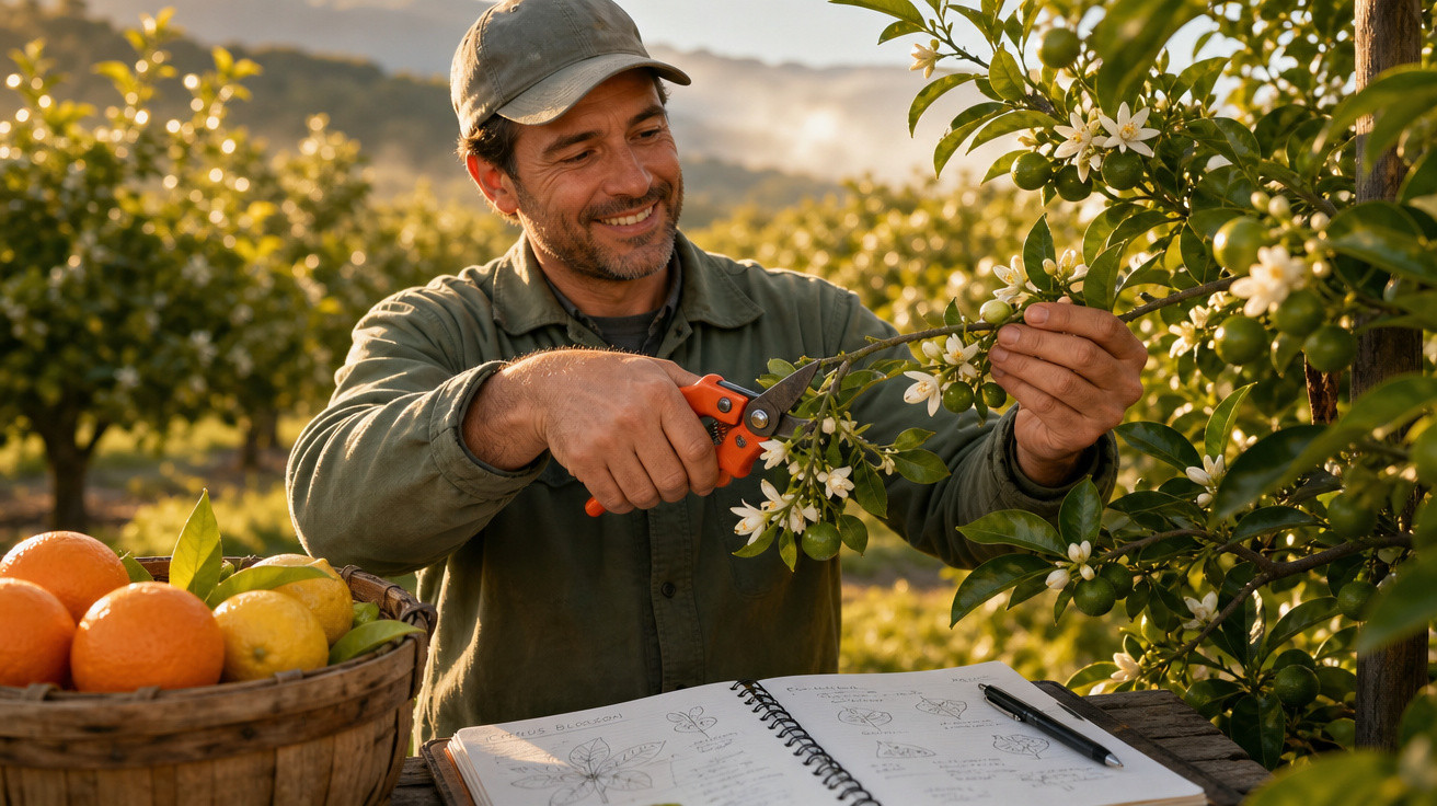 Homem colhendo flores de árvore frutífera com tesoura, caderno aberto e cesta de frutas ao lado.
