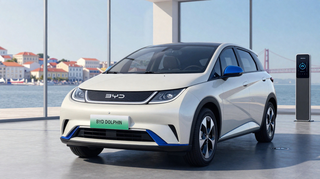 Carro elétrico BYD Dolphin branco estacionado em ambiente moderno com vidro e vista para o mar e ponte.
