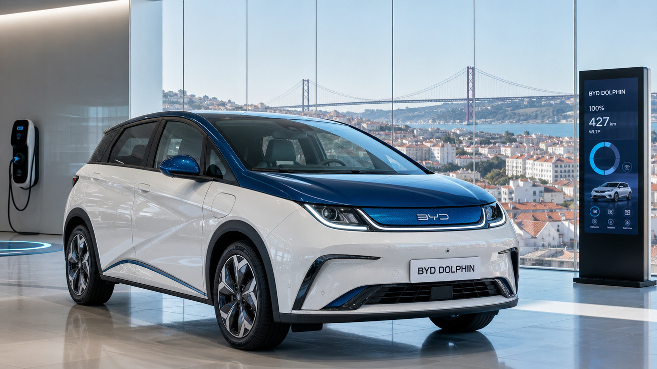 Carro elétrico BYD Dolphin branco e azul exibido em showroom com vista para cidade e ponte ao fundo.