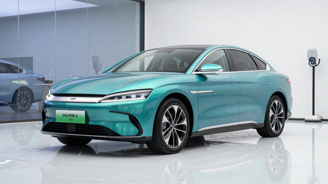 Carro elétrico azul-turquesa moderno em showroom minimalista, com estação de carregamento ao fundo.