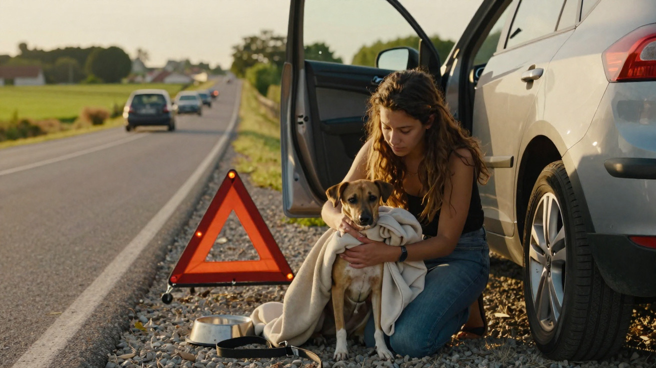 Mulher protege cachorro com cobertor ao lado de carro parado na beira da estrada com triângulo de segurança.