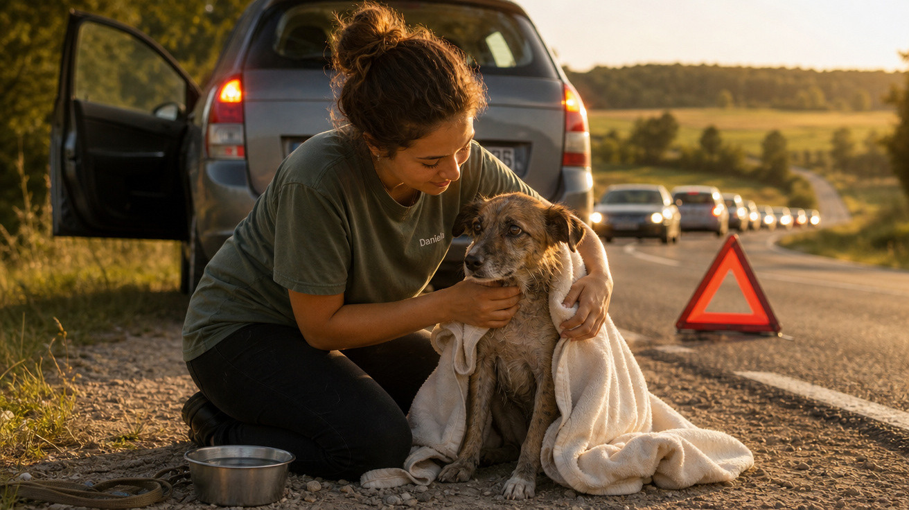 Mulher agachada aquece cachorro molhado com toalha na beira da estrada, com carro e triângulo de sinalização ao fundo.