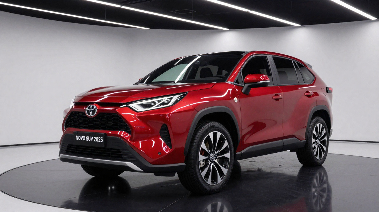 SUV Toyota vermelho 2025 em estúdio com iluminação moderna e fundo cinza.