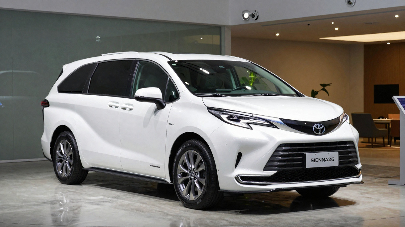 Carro branco Toyota Sienna modelo 2026 em exposição interna com acabamento moderno e rodas de liga leve.