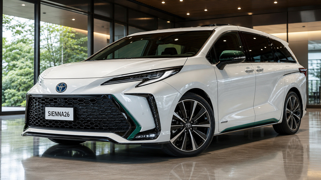 Minivan Toyota Sienna branca exibida em showroom moderno com teto de madeira e vidro.