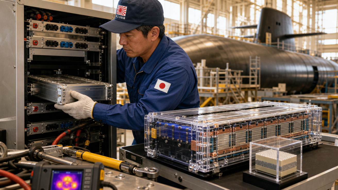Técnico japonês manuseando equipamento eletrônico com submarino ao fundo em ambiente industrial.