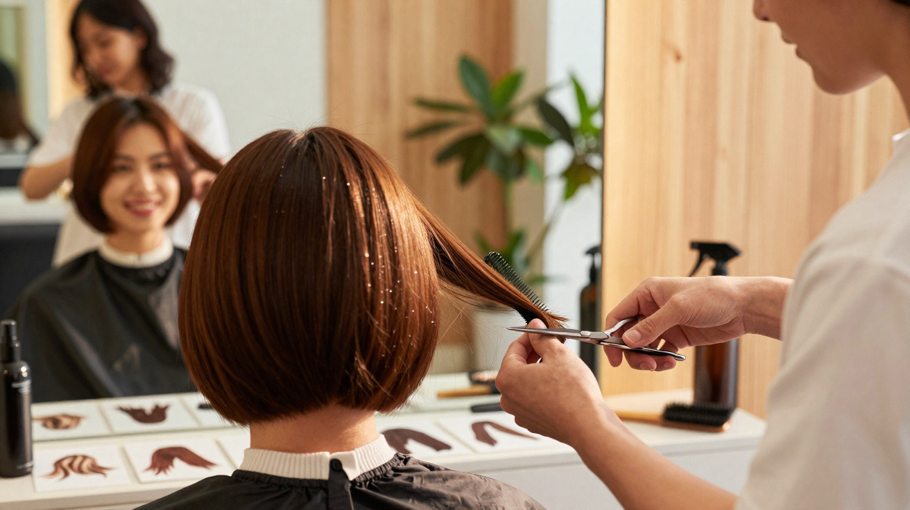 Mulher recebendo corte de cabelo em salão moderno com cabeleireiro cortando fios castanhos.