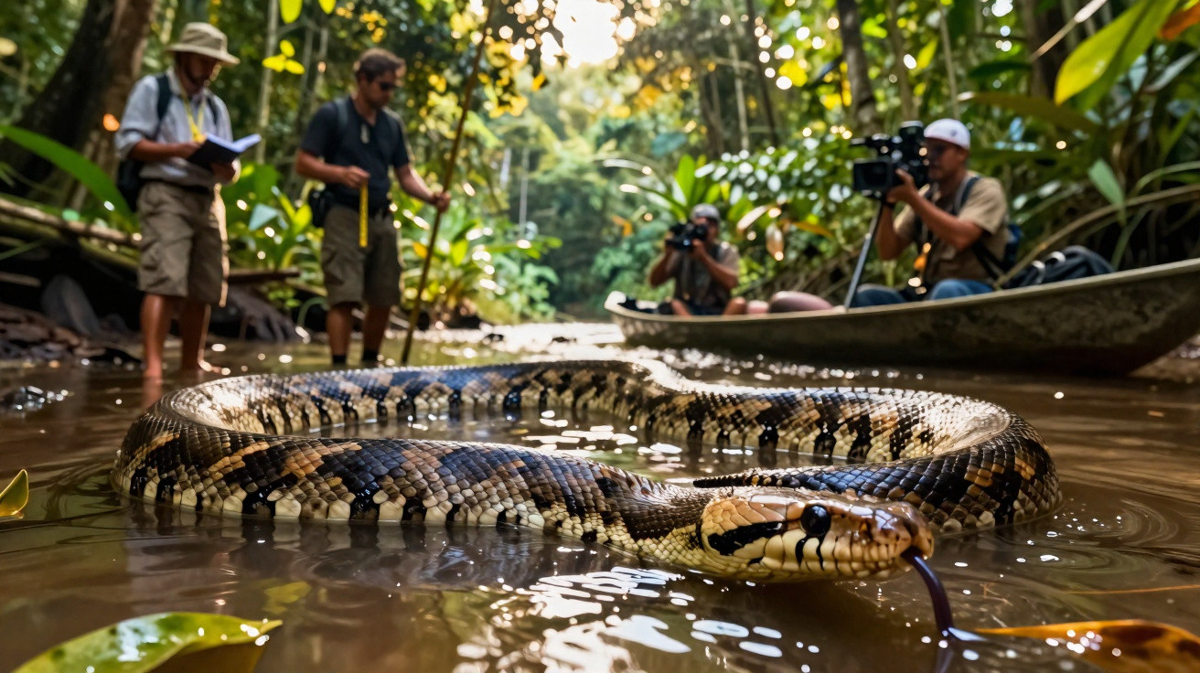 Jiboia nadando em rio na floresta com pesquisadores e cinegrafistas observando em barco e margem.