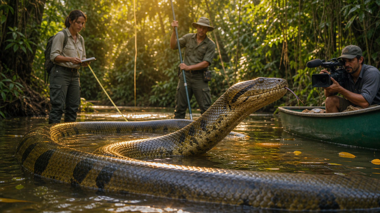 Anaconda gigante na água com três pessoas, incluindo cinegrafista em canoa e pesquisadores na floresta.