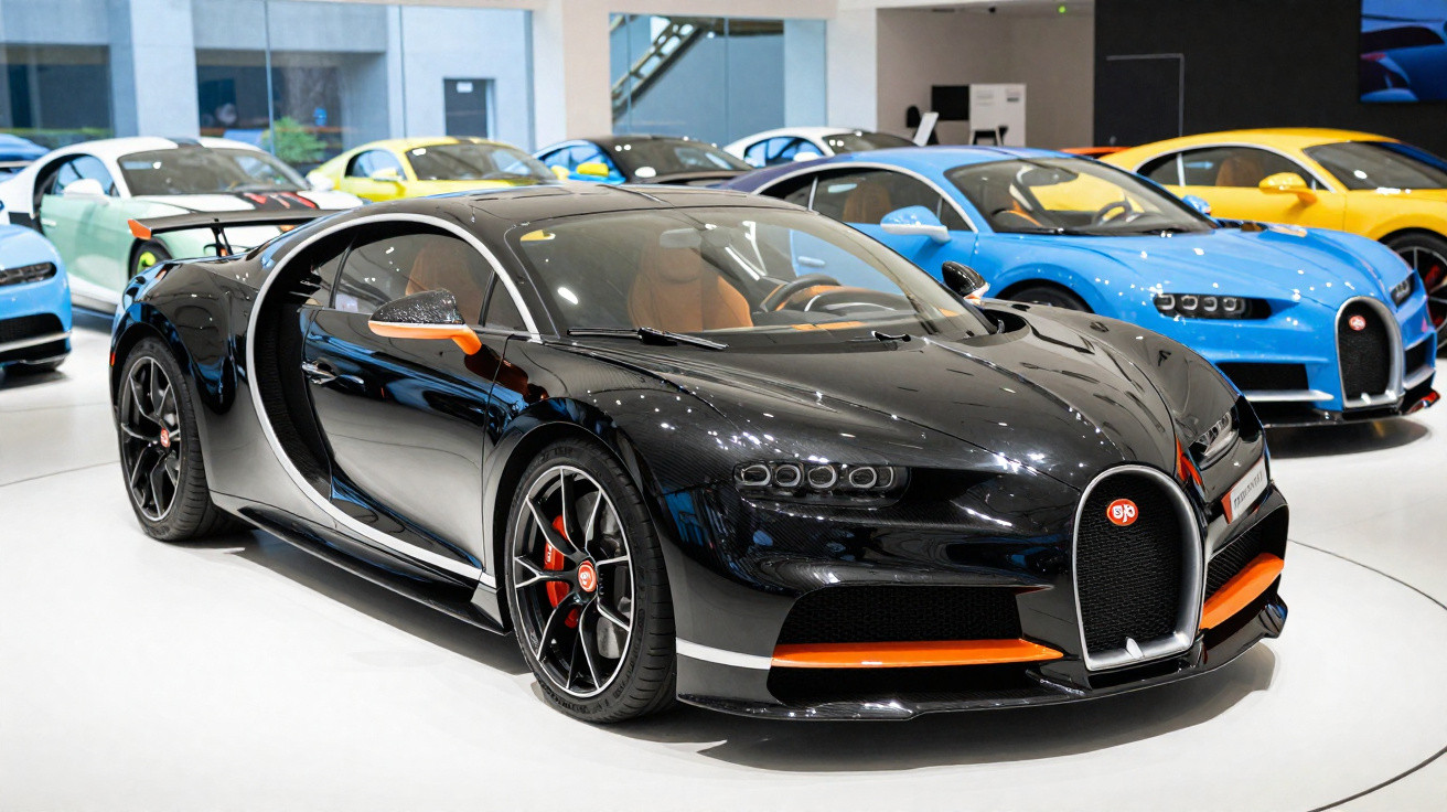 Carro esportivo Bugatti Chiron preto com detalhes laranja em exposição junto a outros carros coloridos.