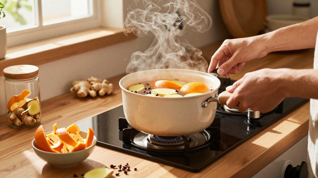 Pessoa preparando infusão com laranja, gengibre e cravos em panela no fogão a gás em cozinha iluminada.
