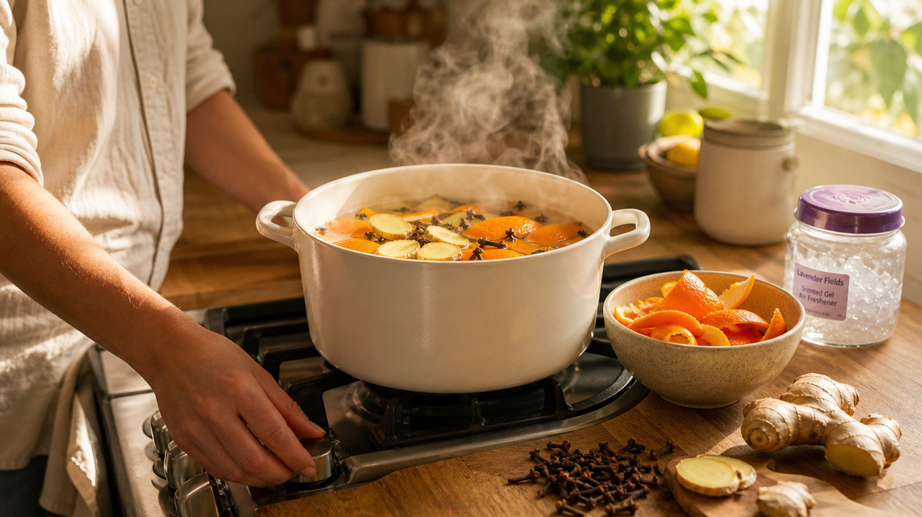 Pessoa ajusta fogo de panela com infusão de gengibre, laranja e cravo em cozinha iluminada pela luz natural.