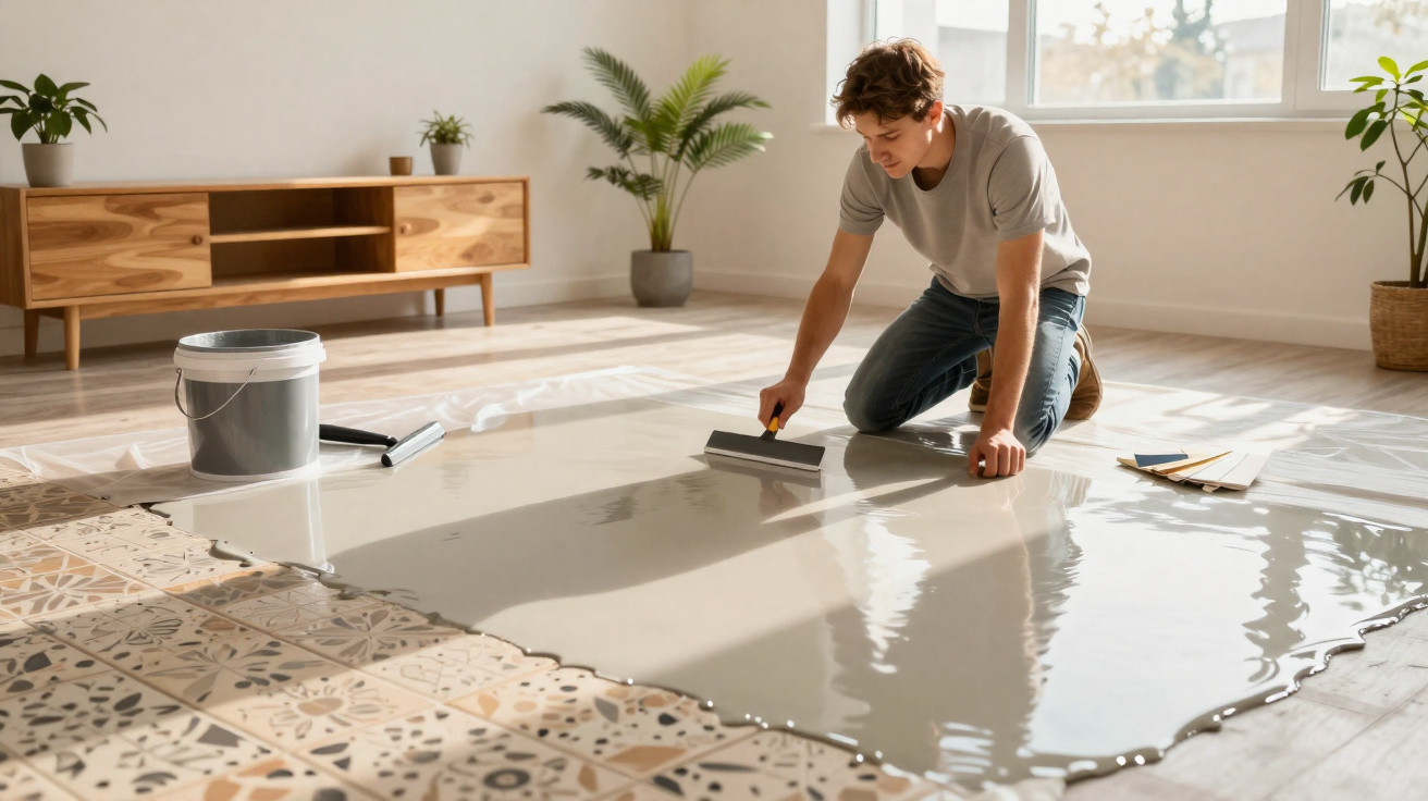Homem aplicando piso de resina epóxi cinza em ambiente interno com decoração minimalista e luz natural.