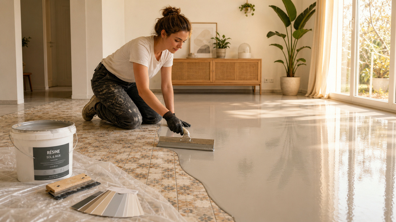 Mulher aplicando resina cinza no chão de azulejos antigos em sala iluminada por janela grande.