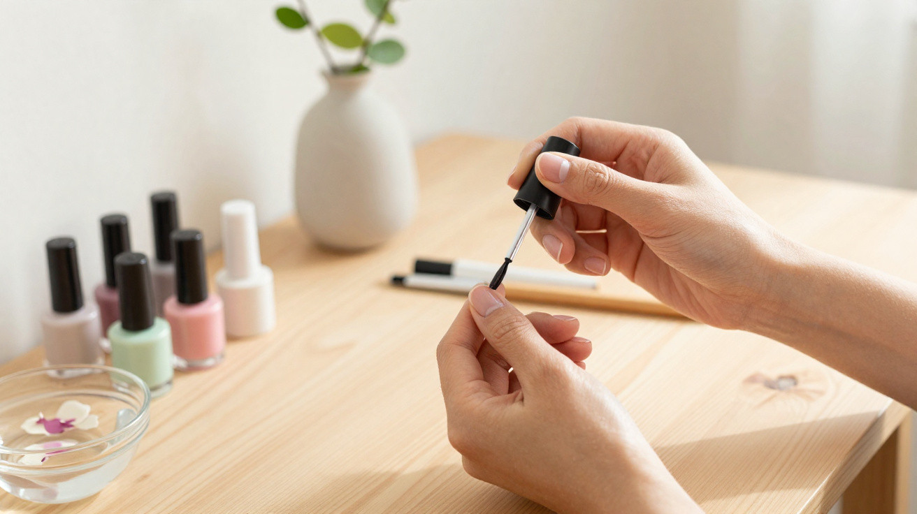 Pessoa aplicando esmalte preto nas unhas com vidros de esmalte e vaso ao fundo em mesa de madeira clara.