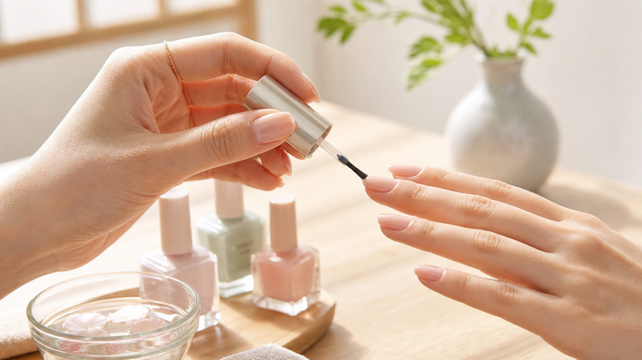Mãos femininas aplicando esmalte transparente nas unhas, com frascos de esmalte e vaso ao fundo.